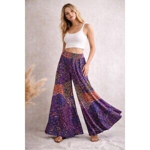 Boho Wide Leg Pants Purple Paisley Elastic Waist Flowy Rayon S